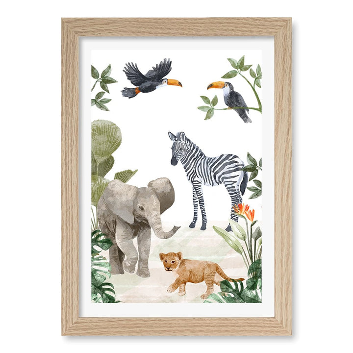 Jungle Friends Kids Wall Art Print A4 (21 x 29.7cm) / Natural Oak Frame / White Border from our Australian Made Framed Wall Art, Prints & Posters collection by Profile Products (Australia) Pty Ltd