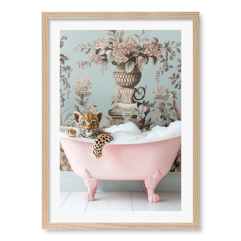 Leopard Bubble Bath Wall Art Print by Niky Rahner A4 (21 x 29.7cm) / Natural Oak Frame / White Border from our Australian Made Framed Wall Art, Prints & Posters collection by Profile Australia