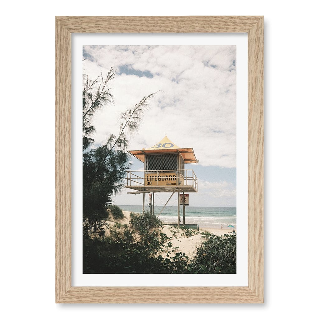 Lifeguard Tower 2 Wall Art Print A4 (21 x 29.7cm) / Natural Oak Frame / White Border from our Australian Made Framed Wall Art, Prints & Posters collection by Profile Products (Australia) Pty Ltd