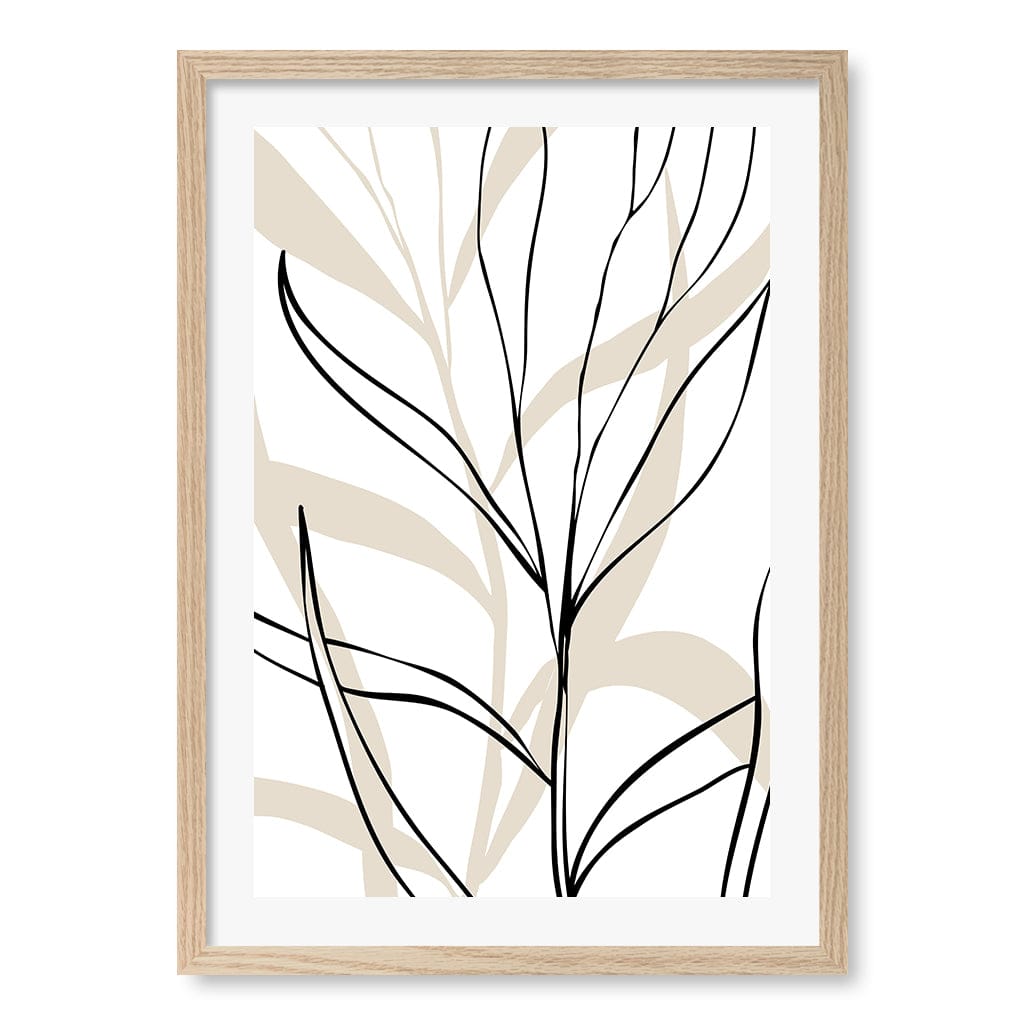 Lively Line Leaves Art Print by Elena Ristova A4 (21 x 29.7cm) / Natural Oak Frame / White Border from our Australian Made Framed Wall Art, Prints & Posters collection by Profile Australia