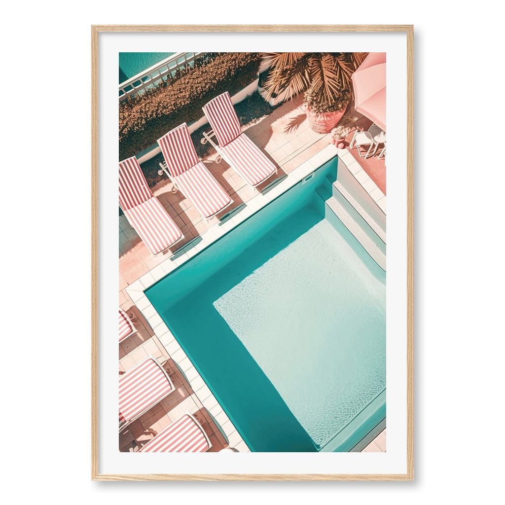 Red White Striped Pool Wall Art Print A0 (84.1 x 118.9cm) / Natural Oak Frame / White Border from our Australian Made Wall Art collection by Profile Australia