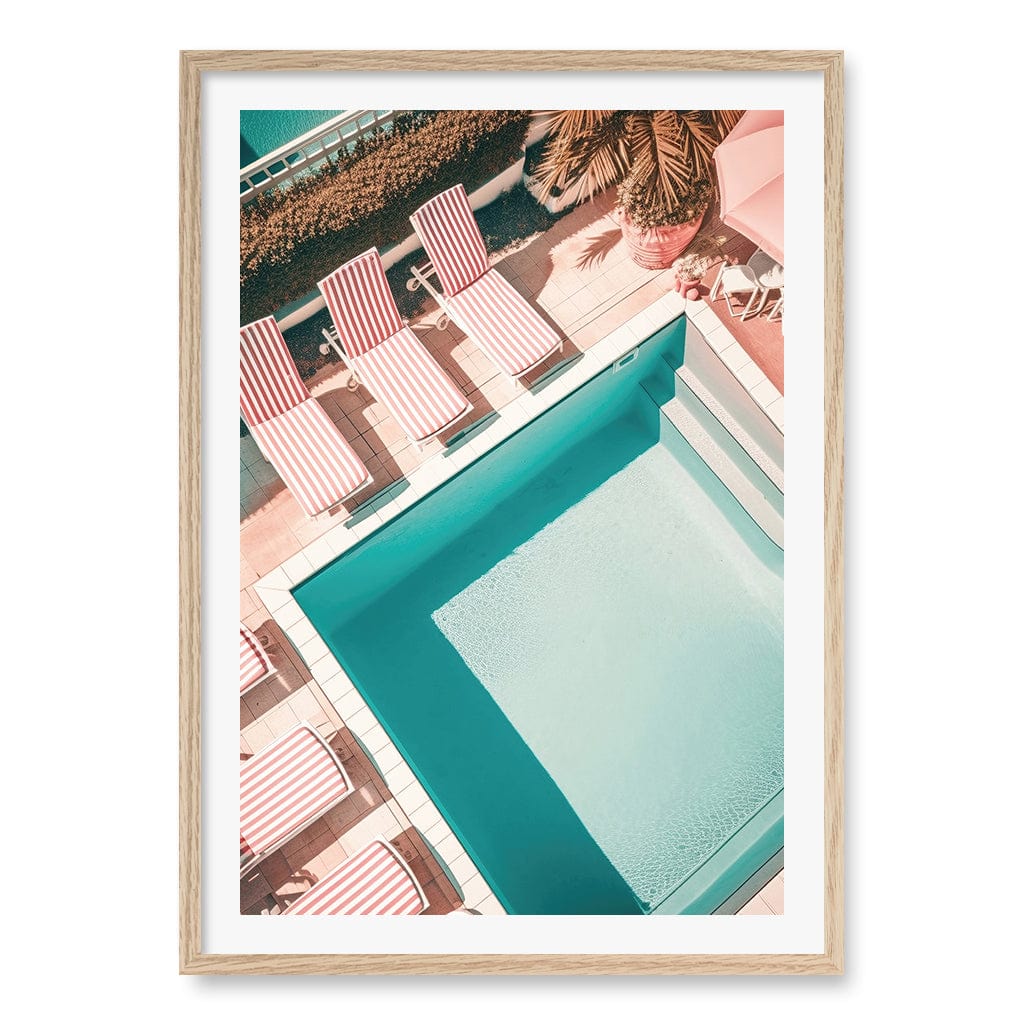 Red White Striped Pool Wall Art Print A1 (59.4 x 84.1cm) / Natural Oak Frame / White Border from our Australian Made Wall Art collection by Profile Australia