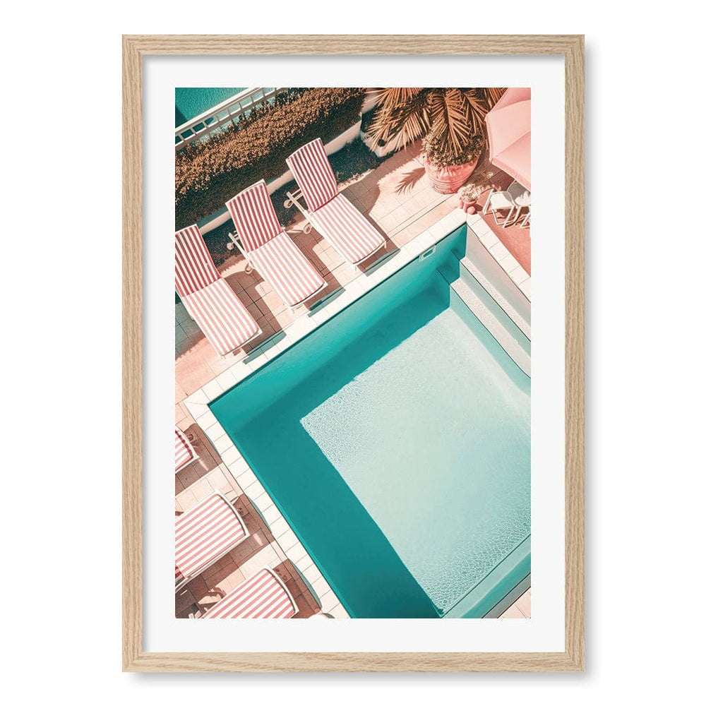 Red White Striped Pool Wall Art Print A2 (42 x 59.4cm) / Natural Oak Frame / White Border from our Australian Made Wall Art collection by Profile Australia
