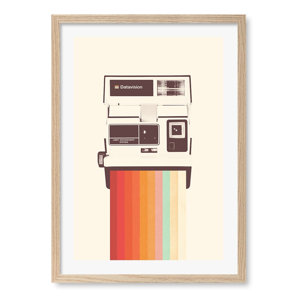 Retro Rainbow Camera Wall Art Print A4 (21 x 29.7cm) / Natural Oak Frame / White Border from our Australian Made Framed Wall Art, Prints & Posters collection by Profile Australia