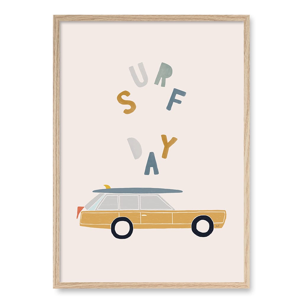Retro Surfing Car Kids Wall Art Print A1 (59.4 x 84.1cm) / Natural Oak Frame / No Border from our Australian Made Framed Wall Art, Prints & Posters collection by Profile Products (Australia) Pty Ltd
