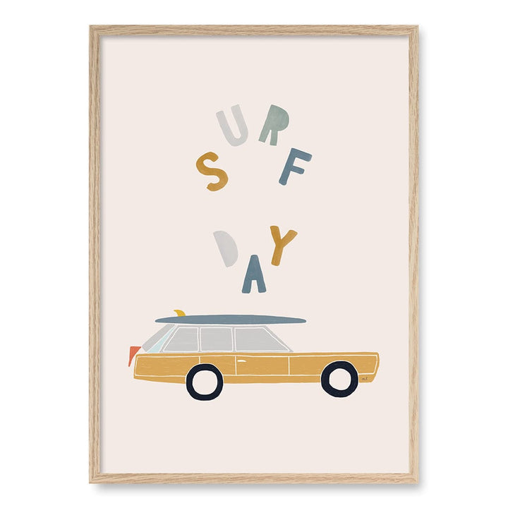 Retro Surfing Car Kids Wall Art Print A1 (59.4 x 84.1cm) / Natural Oak Frame / No Border from our Australian Made Framed Wall Art, Prints & Posters collection by Profile Products (Australia) Pty Ltd