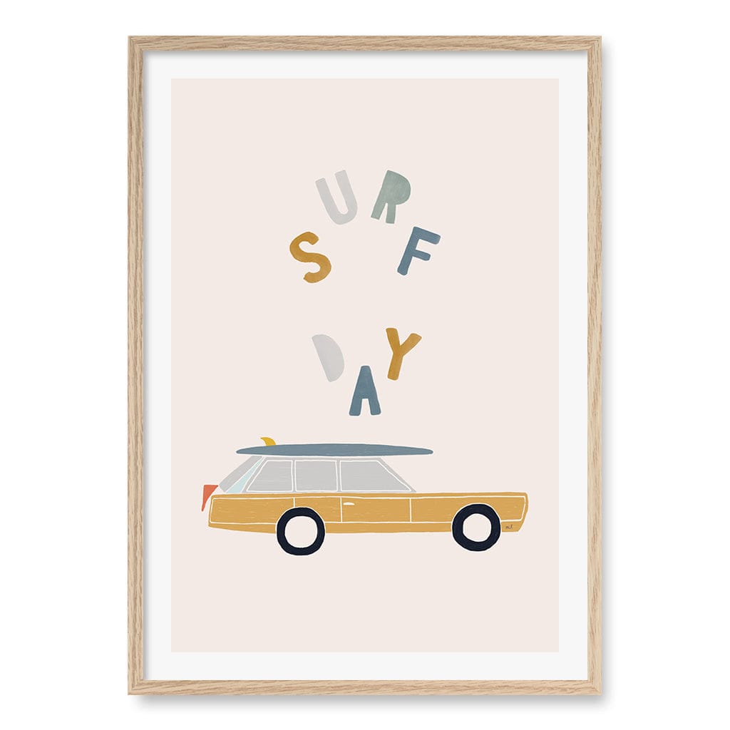 Retro Surfing Car Kids Wall Art Print A1 (59.4 x 84.1cm) / Natural Oak Frame / White Border from our Australian Made Framed Wall Art, Prints & Posters collection by Profile Products (Australia) Pty Ltd