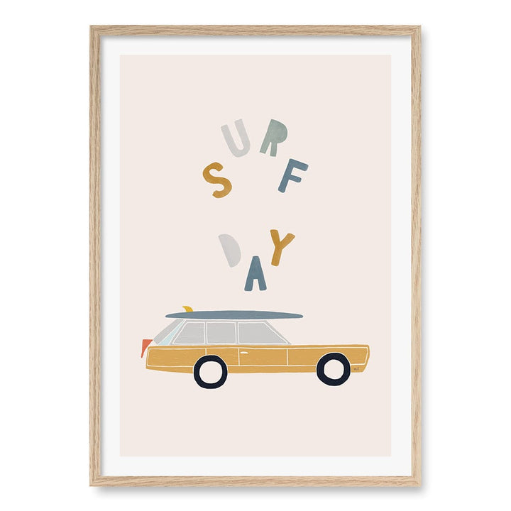 Retro Surfing Car Kids Wall Art Print A1 (59.4 x 84.1cm) / Natural Oak Frame / White Border from our Australian Made Framed Wall Art, Prints & Posters collection by Profile Products (Australia) Pty Ltd