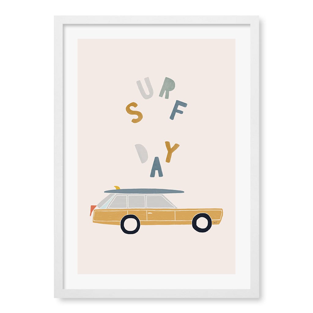 Retro Surfing Car Kids Wall Art Print A2 (42 x 59.4cm) / Matte White Frame / White Border from our Australian Made Framed Wall Art, Prints & Posters collection by Profile Products (Australia) Pty Ltd