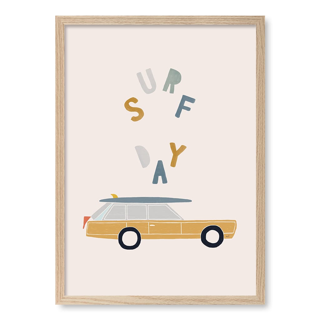 Retro Surfing Car Kids Wall Art Print A2 (42 x 59.4cm) / Natural Oak Frame / No Border from our Australian Made Framed Wall Art, Prints & Posters collection by Profile Products (Australia) Pty Ltd