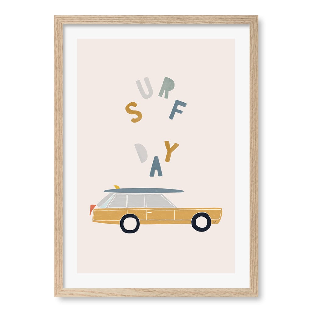 Retro Surfing Car Kids Wall Art Print A2 (42 x 59.4cm) / Natural Oak Frame / White Border from our Australian Made Framed Wall Art, Prints & Posters collection by Profile Products (Australia) Pty Ltd