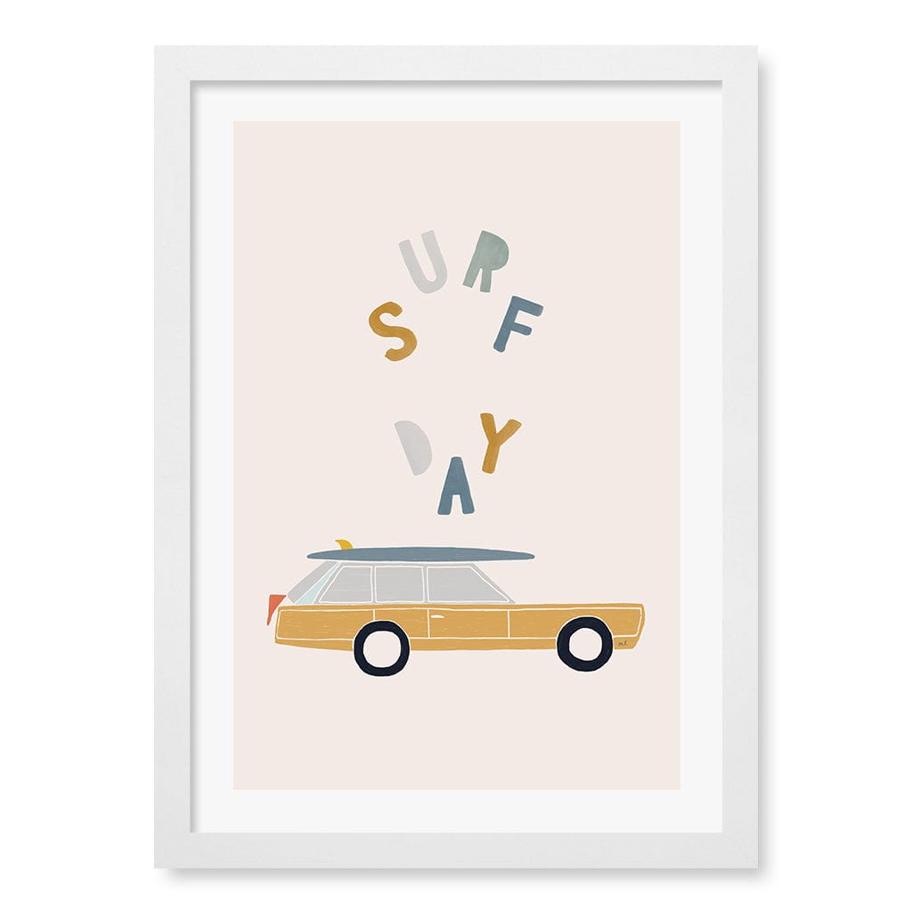 Retro Surfing Car Kids Wall Art Print A3 (29.7 x 42cm) / Matte White Frame / White Border from our Australian Made Framed Wall Art, Prints & Posters collection by Profile Products (Australia) Pty Ltd