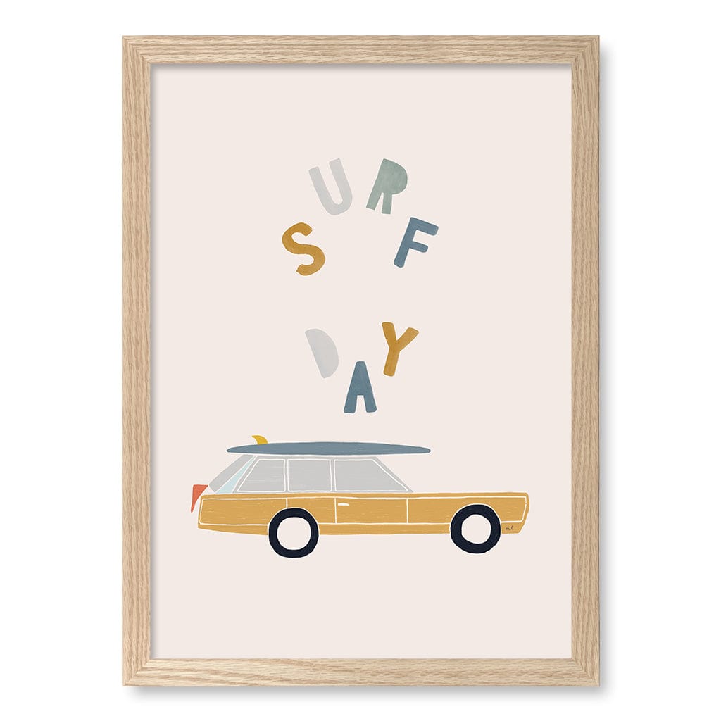 Retro Surfing Car Kids Wall Art Print A3 (29.7 x 42cm) / Natural Oak Frame / No Border from our Australian Made Framed Wall Art, Prints & Posters collection by Profile Products (Australia) Pty Ltd