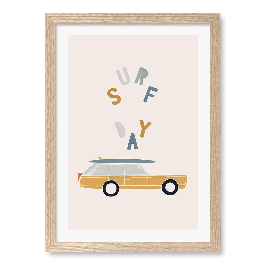 Retro Surfing Car Kids Wall Art Print A3 (29.7 x 42cm) / Natural Oak Frame / White Border from our Australian Made Framed Wall Art, Prints & Posters collection by Profile Products (Australia) Pty Ltd