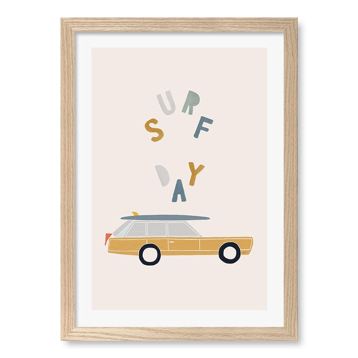 Retro Surfing Car Kids Wall Art Print A3 (29.7 x 42cm) / Natural Oak Frame / White Border from our Australian Made Framed Wall Art, Prints & Posters collection by Profile Products (Australia) Pty Ltd