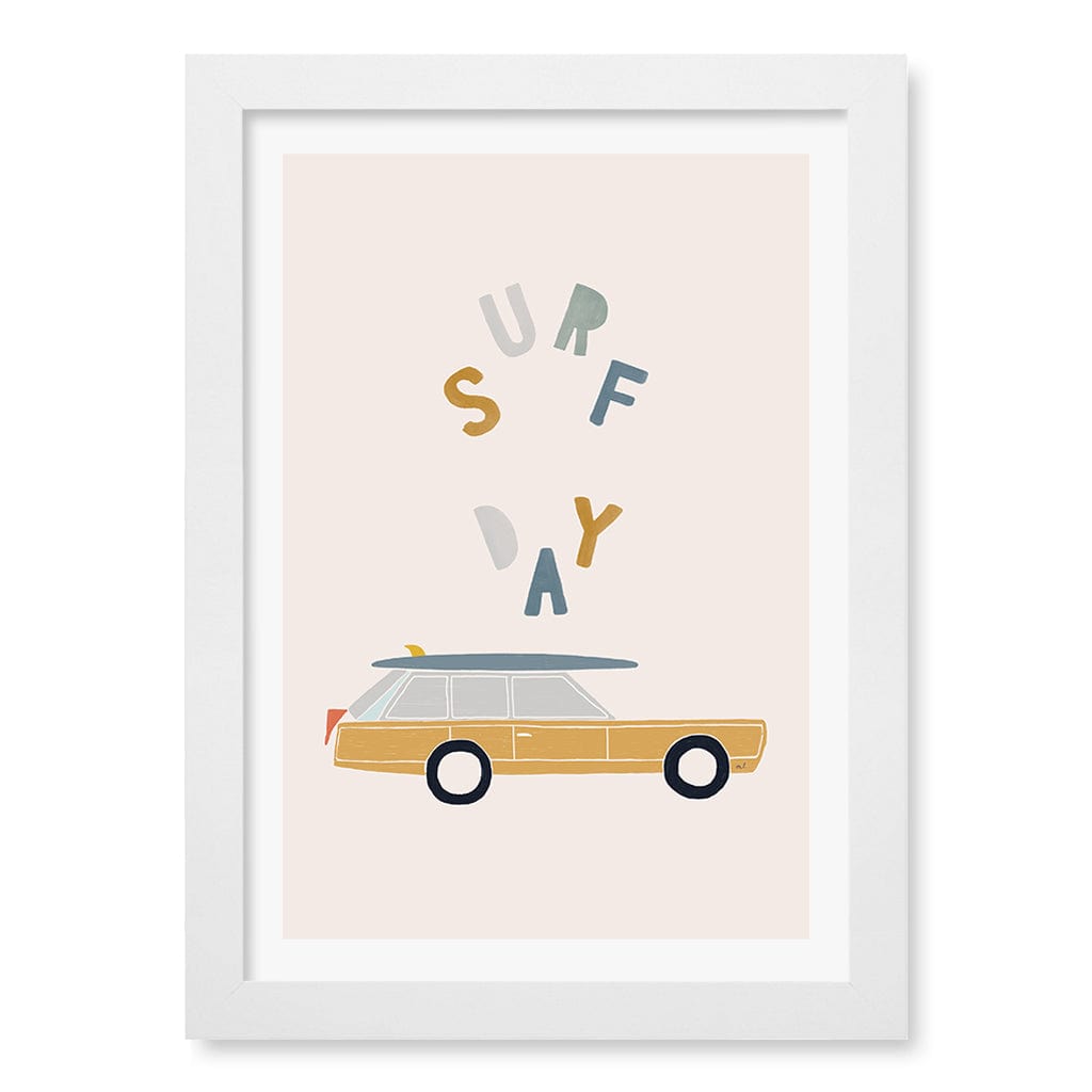 Retro Surfing Car Kids Wall Art Print A4 (21 x 29.7cm) / Matte White Frame / White Border from our Australian Made Framed Wall Art, Prints & Posters collection by Profile Products (Australia) Pty Ltd
