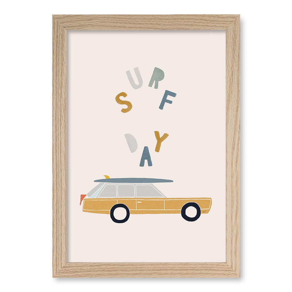 Retro Surfing Car Kids Wall Art Print A4 (21 x 29.7cm) / Natural Oak Frame / No Border from our Australian Made Framed Wall Art, Prints & Posters collection by Profile Products (Australia) Pty Ltd
