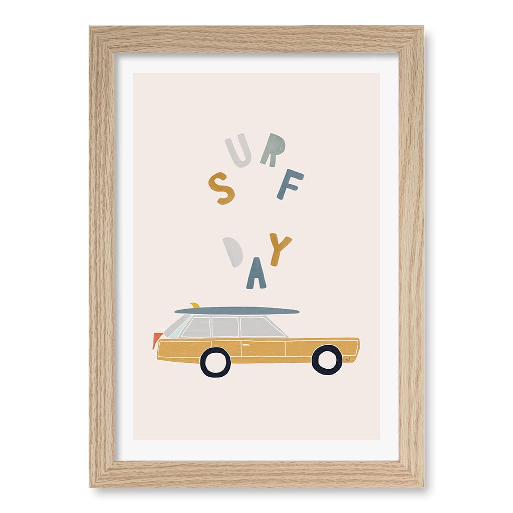 Retro Surfing Car Kids Wall Art Print A4 (21 x 29.7cm) / Natural Oak Frame / White Border from our Australian Made Framed Wall Art, Prints & Posters collection by Profile Products (Australia) Pty Ltd
