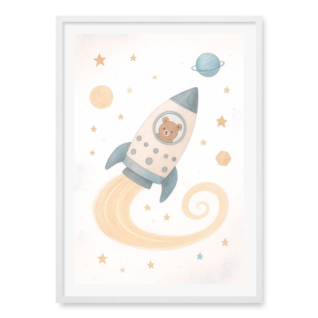Rocket Teddy Space Explorer Wall Art Print A1 (59.4 x 84.1cm) / Matte White Frame / White Border from our Australian Made Framed Wall Art, Prints & Posters collection by Profile Products (Australia) Pty Ltd