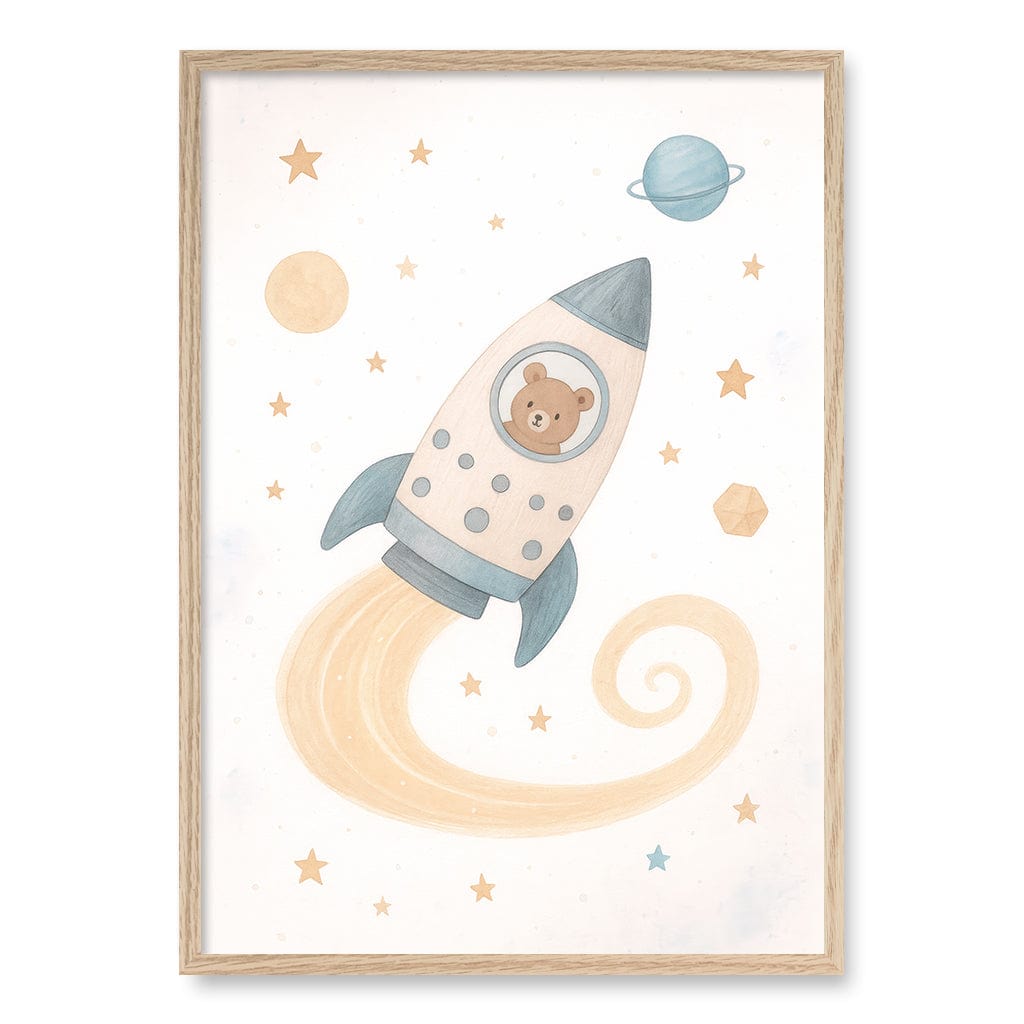 Rocket Teddy Space Explorer Wall Art Print A1 (59.4 x 84.1cm) / Natural Oak Frame / No Border from our Australian Made Framed Wall Art, Prints & Posters collection by Profile Products (Australia) Pty Ltd
