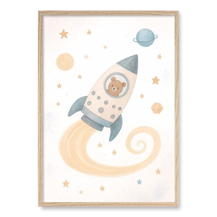 Rocket Teddy Space Explorer Wall Art Print A1 (59.4 x 84.1cm) / Natural Oak Frame / No Border from our Australian Made Framed Wall Art, Prints & Posters collection by Profile Products (Australia) Pty Ltd