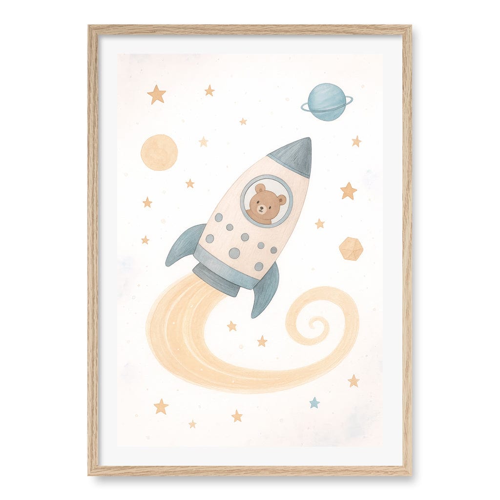 Rocket Teddy Space Explorer Wall Art Print A1 (59.4 x 84.1cm) / Natural Oak Frame / White Border from our Australian Made Framed Wall Art, Prints & Posters collection by Profile Products (Australia) Pty Ltd