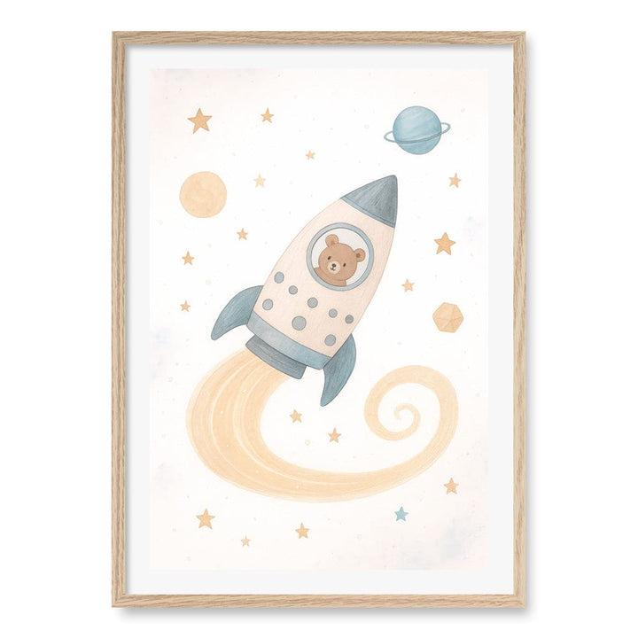 Rocket Teddy Space Explorer Wall Art Print A1 (59.4 x 84.1cm) / Natural Oak Frame / White Border from our Australian Made Framed Wall Art, Prints & Posters collection by Profile Products (Australia) Pty Ltd