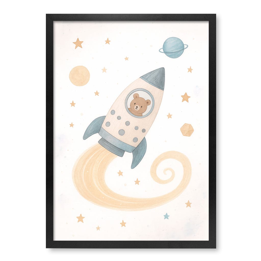Rocket Teddy Space Explorer Wall Art Print A2 (42 x 59.4cm) / Matte Black Frame / No Border from our Australian Made Framed Wall Art, Prints & Posters collection by Profile Products (Australia) Pty Ltd