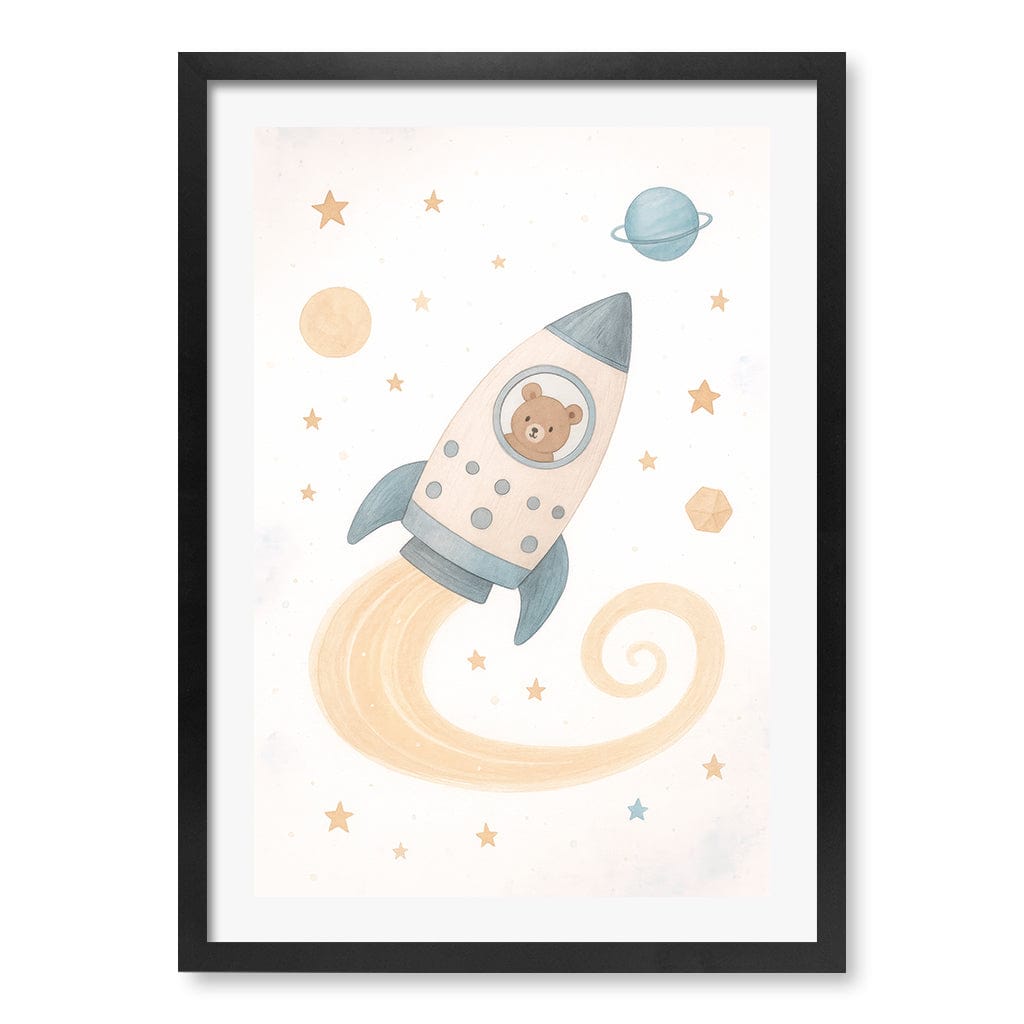 Rocket Teddy Space Explorer Wall Art Print A2 (42 x 59.4cm) / Matte Black Frame / White Border from our Australian Made Framed Wall Art, Prints & Posters collection by Profile Products (Australia) Pty Ltd