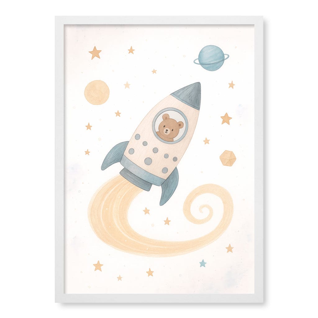 Rocket Teddy Space Explorer Wall Art Print A2 (42 x 59.4cm) / Matte White Frame / No Border from our Australian Made Framed Wall Art, Prints & Posters collection by Profile Products (Australia) Pty Ltd