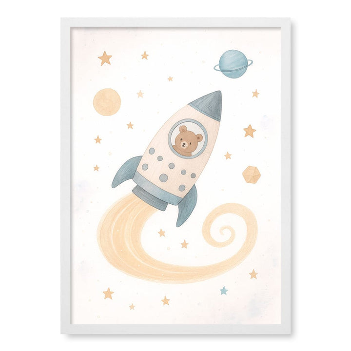 Rocket Teddy Space Explorer Wall Art Print A2 (42 x 59.4cm) / Matte White Frame / No Border from our Australian Made Framed Wall Art, Prints & Posters collection by Profile Products (Australia) Pty Ltd
