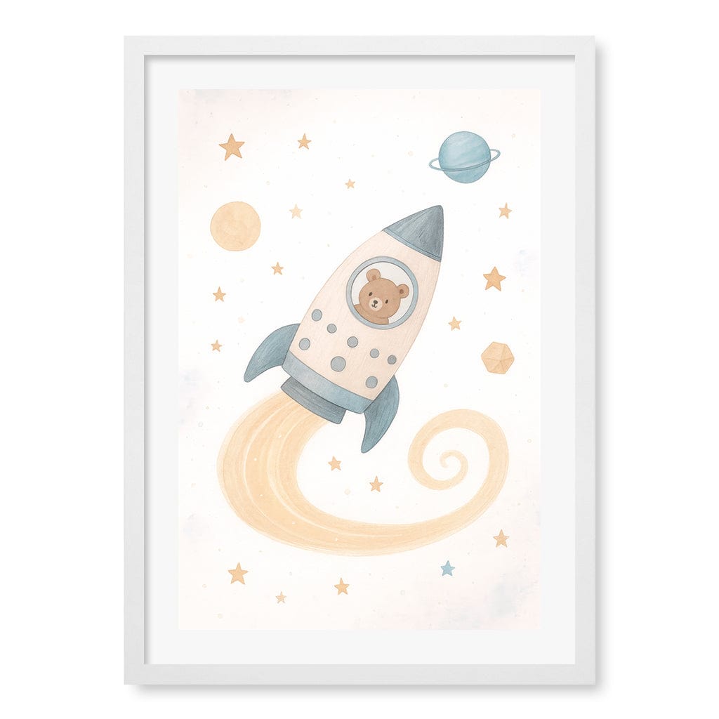 Rocket Teddy Space Explorer Wall Art Print A2 (42 x 59.4cm) / Matte White Frame / White Border from our Australian Made Framed Wall Art, Prints & Posters collection by Profile Products (Australia) Pty Ltd