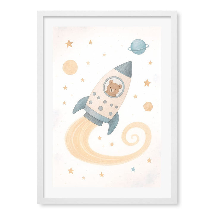 Rocket Teddy Space Explorer Wall Art Print A2 (42 x 59.4cm) / Matte White Frame / White Border from our Australian Made Framed Wall Art, Prints & Posters collection by Profile Products (Australia) Pty Ltd