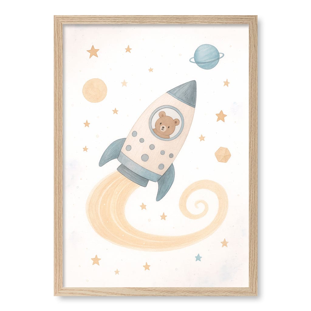 Rocket Teddy Space Explorer Wall Art Print A2 (42 x 59.4cm) / Natural Oak Frame / No Border from our Australian Made Framed Wall Art, Prints & Posters collection by Profile Products (Australia) Pty Ltd