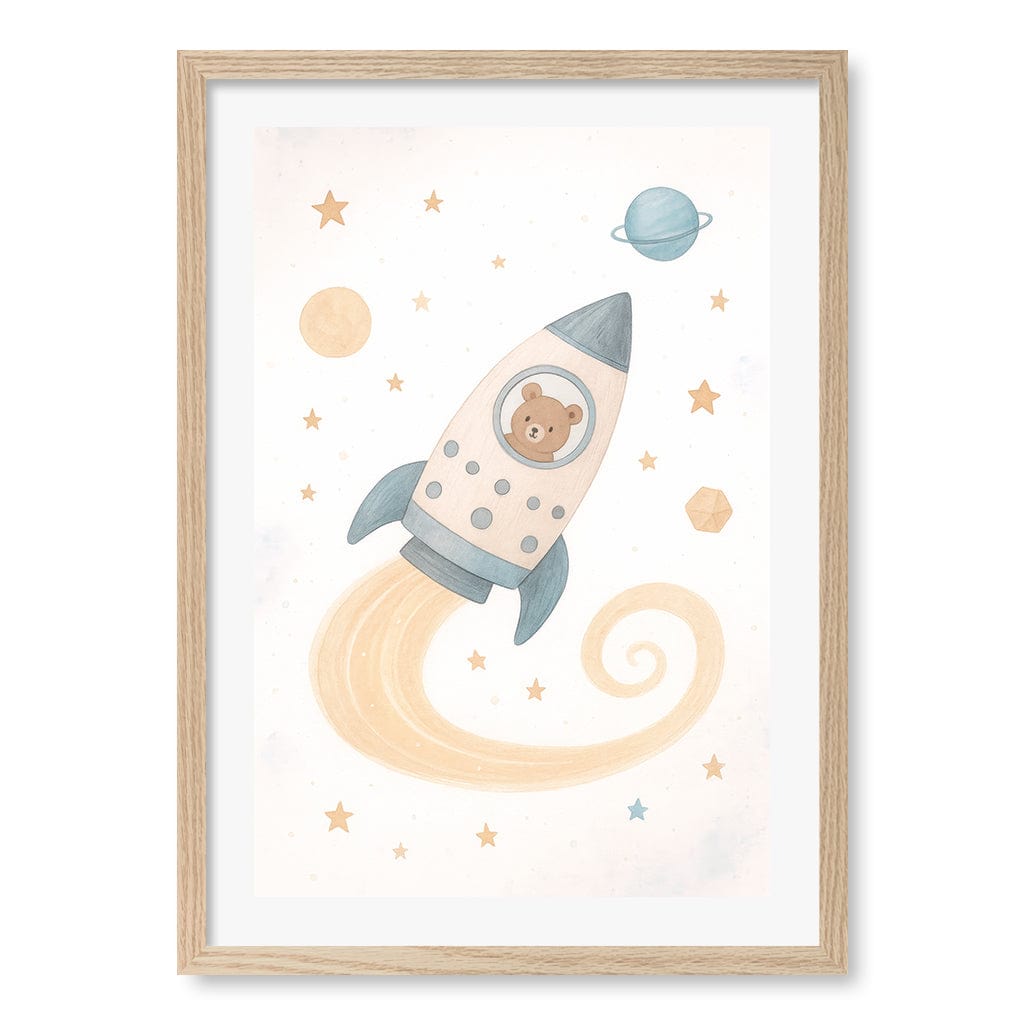 Rocket Teddy Space Explorer Wall Art Print A2 (42 x 59.4cm) / Natural Oak Frame / White Border from our Australian Made Framed Wall Art, Prints & Posters collection by Profile Products (Australia) Pty Ltd