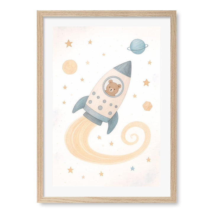 Rocket Teddy Space Explorer Wall Art Print A2 (42 x 59.4cm) / Natural Oak Frame / White Border from our Australian Made Framed Wall Art, Prints & Posters collection by Profile Products (Australia) Pty Ltd