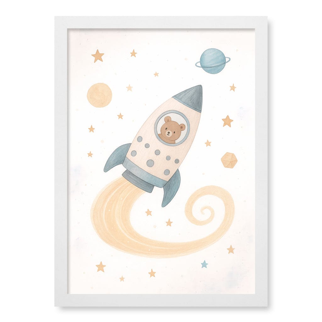 Rocket Teddy Space Explorer Wall Art Print A3 (29.7 x 42cm) / Matte White Frame / No Border from our Australian Made Framed Wall Art, Prints & Posters collection by Profile Products (Australia) Pty Ltd