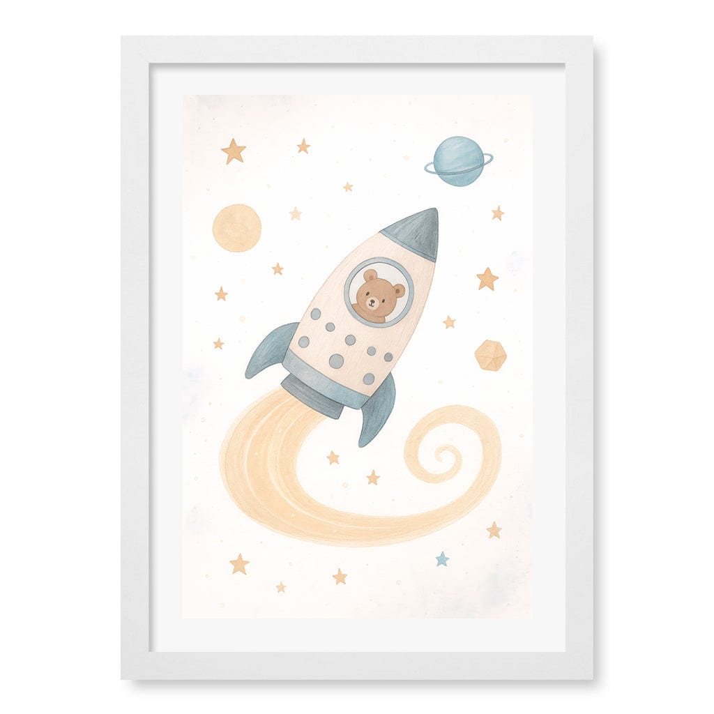 Rocket Teddy Space Explorer Wall Art Print A3 (29.7 x 42cm) / Matte White Frame / White Border from our Australian Made Framed Wall Art, Prints & Posters collection by Profile Products (Australia) Pty Ltd