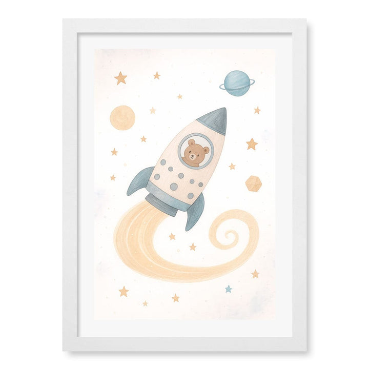 Rocket Teddy Space Explorer Wall Art Print A3 (29.7 x 42cm) / Matte White Frame / White Border from our Australian Made Framed Wall Art, Prints & Posters collection by Profile Products (Australia) Pty Ltd