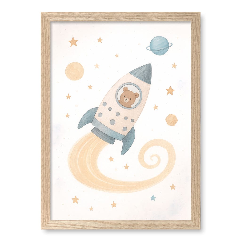 Rocket Teddy Space Explorer Wall Art Print A3 (29.7 x 42cm) / Natural Oak Frame / No Border from our Australian Made Framed Wall Art, Prints & Posters collection by Profile Products (Australia) Pty Ltd