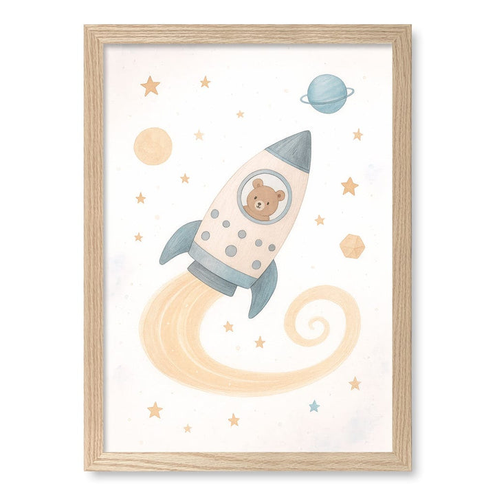 Rocket Teddy Space Explorer Wall Art Print A3 (29.7 x 42cm) / Natural Oak Frame / No Border from our Australian Made Framed Wall Art, Prints & Posters collection by Profile Products (Australia) Pty Ltd