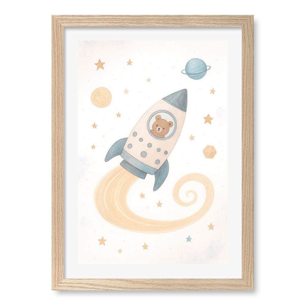 Rocket Teddy Space Explorer Wall Art Print A3 (29.7 x 42cm) / Natural Oak Frame / White Border from our Australian Made Framed Wall Art, Prints & Posters collection by Profile Products (Australia) Pty Ltd