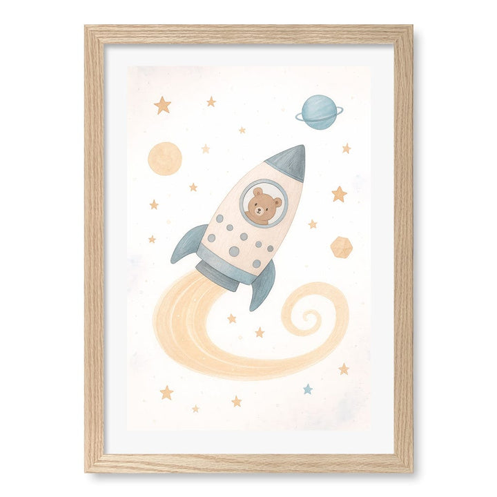 Rocket Teddy Space Explorer Wall Art Print A3 (29.7 x 42cm) / Natural Oak Frame / White Border from our Australian Made Framed Wall Art, Prints & Posters collection by Profile Products (Australia) Pty Ltd