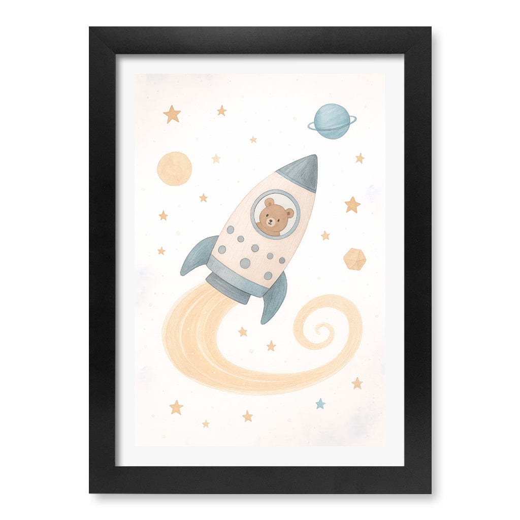 Rocket Teddy Space Explorer Wall Art Print A4 (21 x 29.7cm) / Matte Black Frame / White Border from our Australian Made Framed Wall Art, Prints & Posters collection by Profile Products (Australia) Pty Ltd