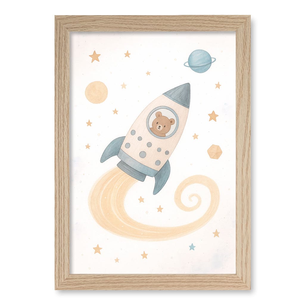Rocket Teddy Space Explorer Wall Art Print A4 (21 x 29.7cm) / Natural Oak Frame / No Border from our Australian Made Framed Wall Art, Prints & Posters collection by Profile Products (Australia) Pty Ltd