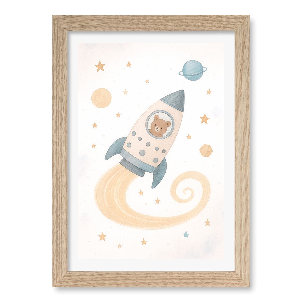 Rocket Teddy Space Explorer Wall Art Print A4 (21 x 29.7cm) / Natural Oak Frame / White Border from our Australian Made Framed Wall Art, Prints & Posters collection by Profile Products (Australia) Pty Ltd