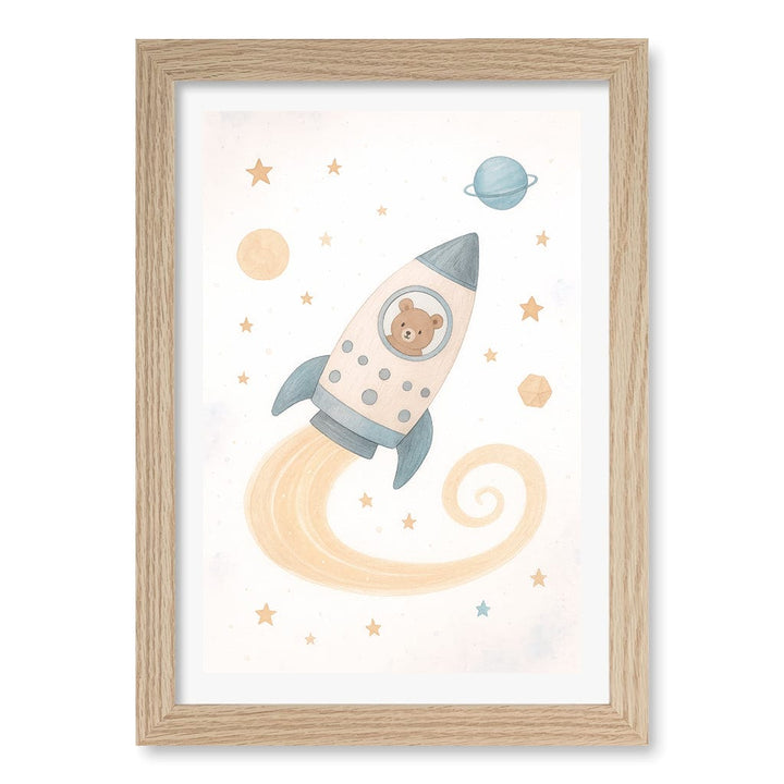 Rocket Teddy Space Explorer Wall Art Print A4 (21 x 29.7cm) / Natural Oak Frame / White Border from our Australian Made Framed Wall Art, Prints & Posters collection by Profile Products (Australia) Pty Ltd