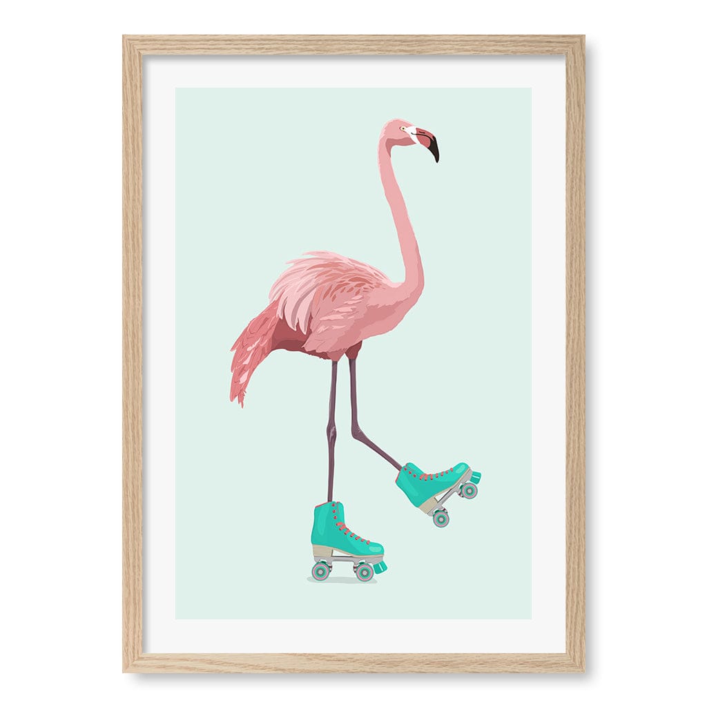 Roller Flamingo Wall Art Print by By Kammille A4 (21 x 29.7cm) / Natural Oak Frame / White Border from our Australian Made Framed Wall Art, Prints & Posters collection by Profile Australia