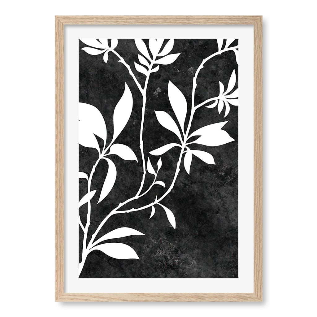 Silhouette Branch Leaves Night Wall Art Print A2 (42 x 59.4cm) / Natural Oak Frame / White Border from our Australian Made Framed Wall Art, Prints & Posters collection by Profile Australia