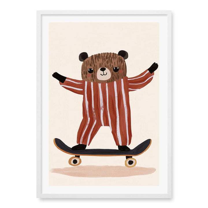 Skater Bear Kids Wall Art Print A1 (59.4 x 84.1cm) / Matte White Frame / White Border from our Australian Made Framed Wall Art, Prints & Posters collection by Profile Products (Australia) Pty Ltd